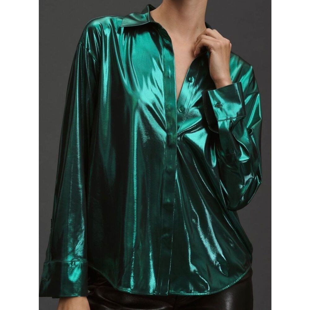 Anthropologie Gillian Liquid Shine Buttondown Shirt Green Size Small NWOT